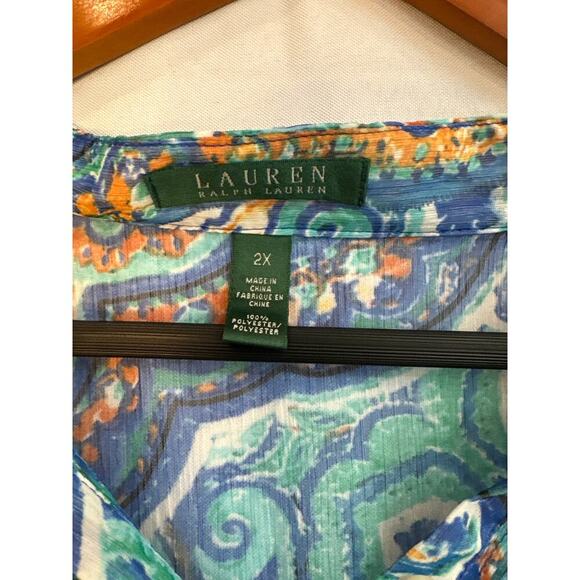 Women’s Green Label Ralph Lauren Size 2X Sheer Blue Multipattern Shirt. - Picture 2 of 3